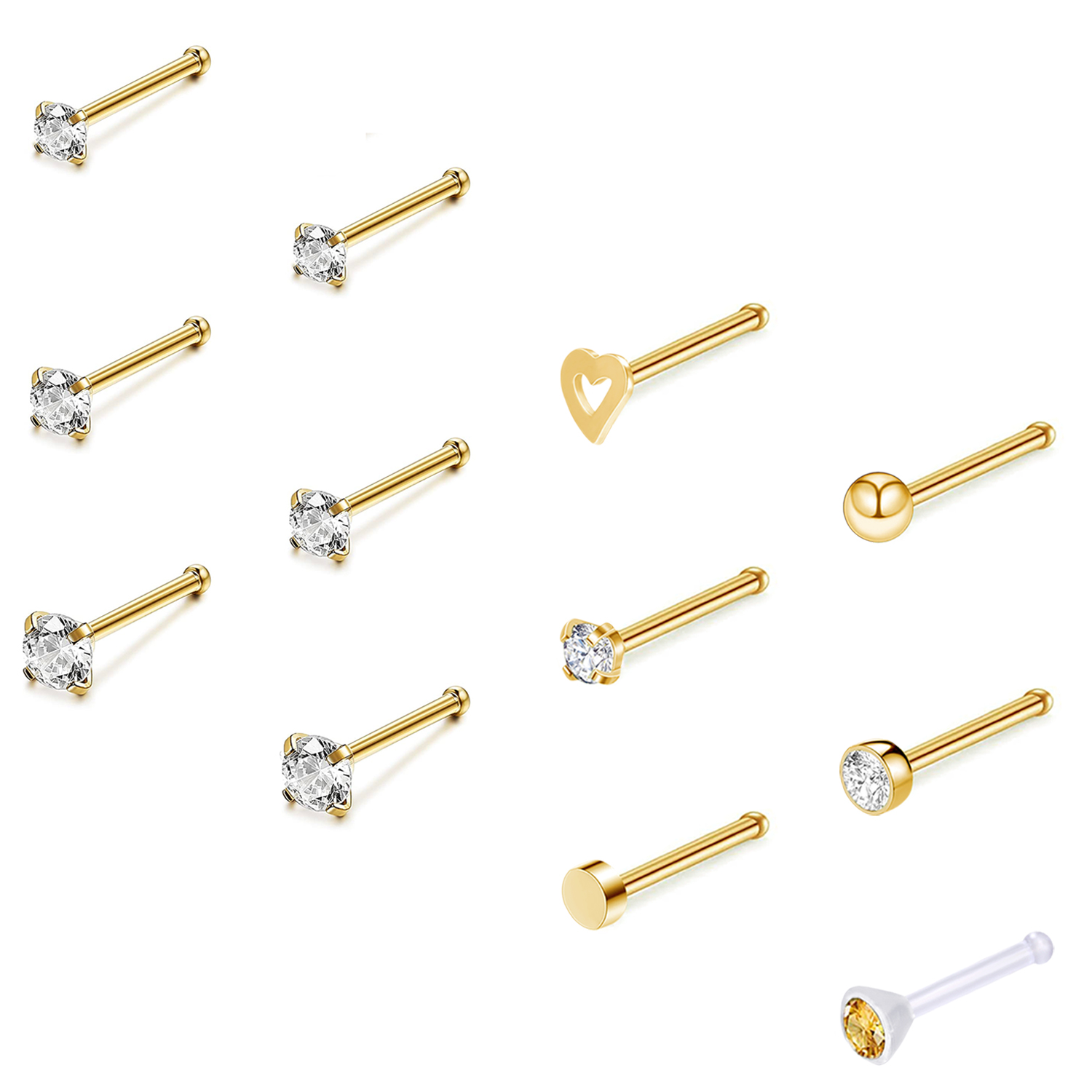 12Pcs/lot 20g Gold Surgical Steel Nose Stud Set CZ Crystal Nose Piercing Jewelry