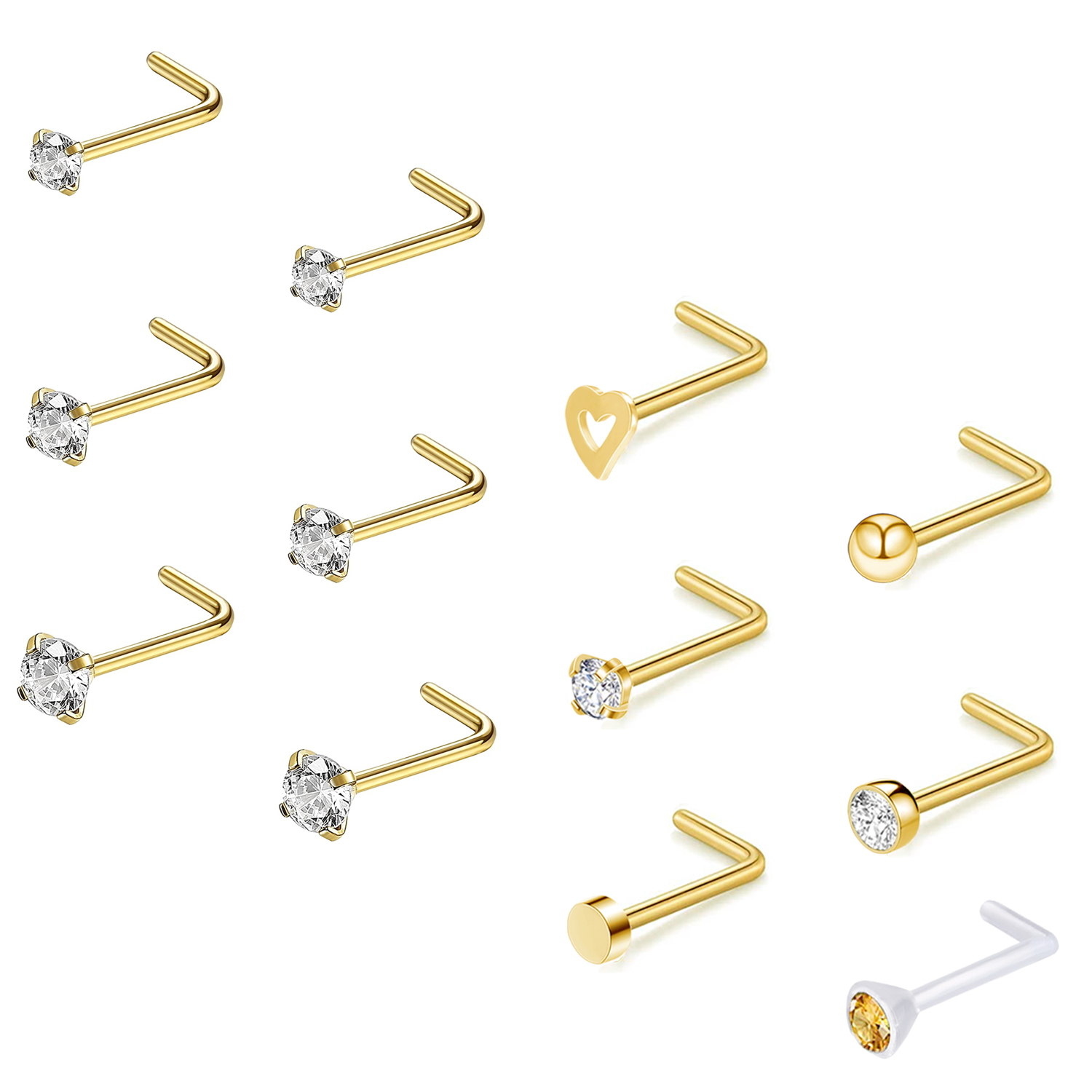 12Pcs/lot 20g Gold Surgical Steel Nose Stud Set CZ Crystal Nose Piercing Jewelry