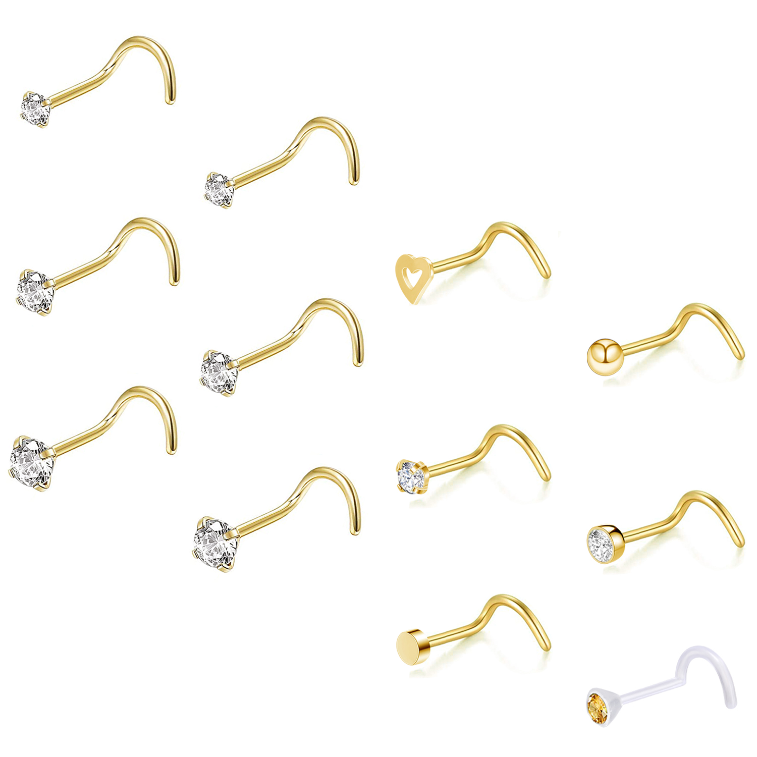 12Pcs/lot 20g Gold Surgical Steel Nose Stud Set CZ Crystal Nose Piercing Jewelry