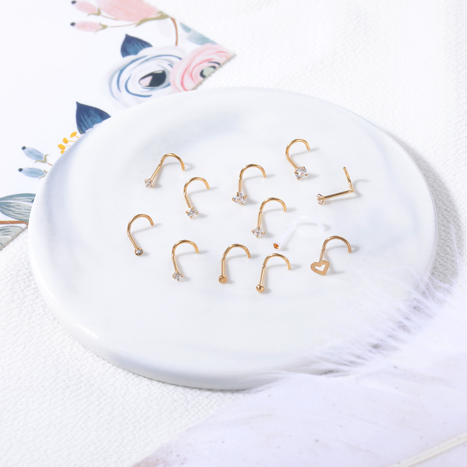 12Pcs/lot 20g Gold Surgical Steel Nose Stud Set CZ Crystal Nose Piercing Jewelry