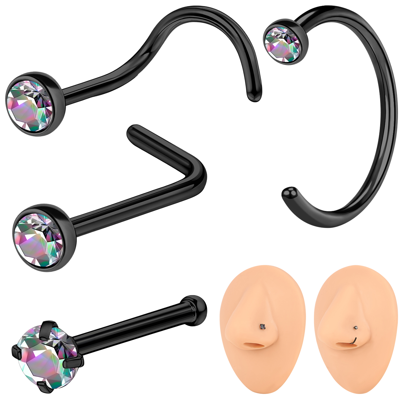 20g Stainless Steel CZ Crystal Nose Studs I/L/S/C-Shape Nostril Piercing Jewelry - Picture 15 of 15