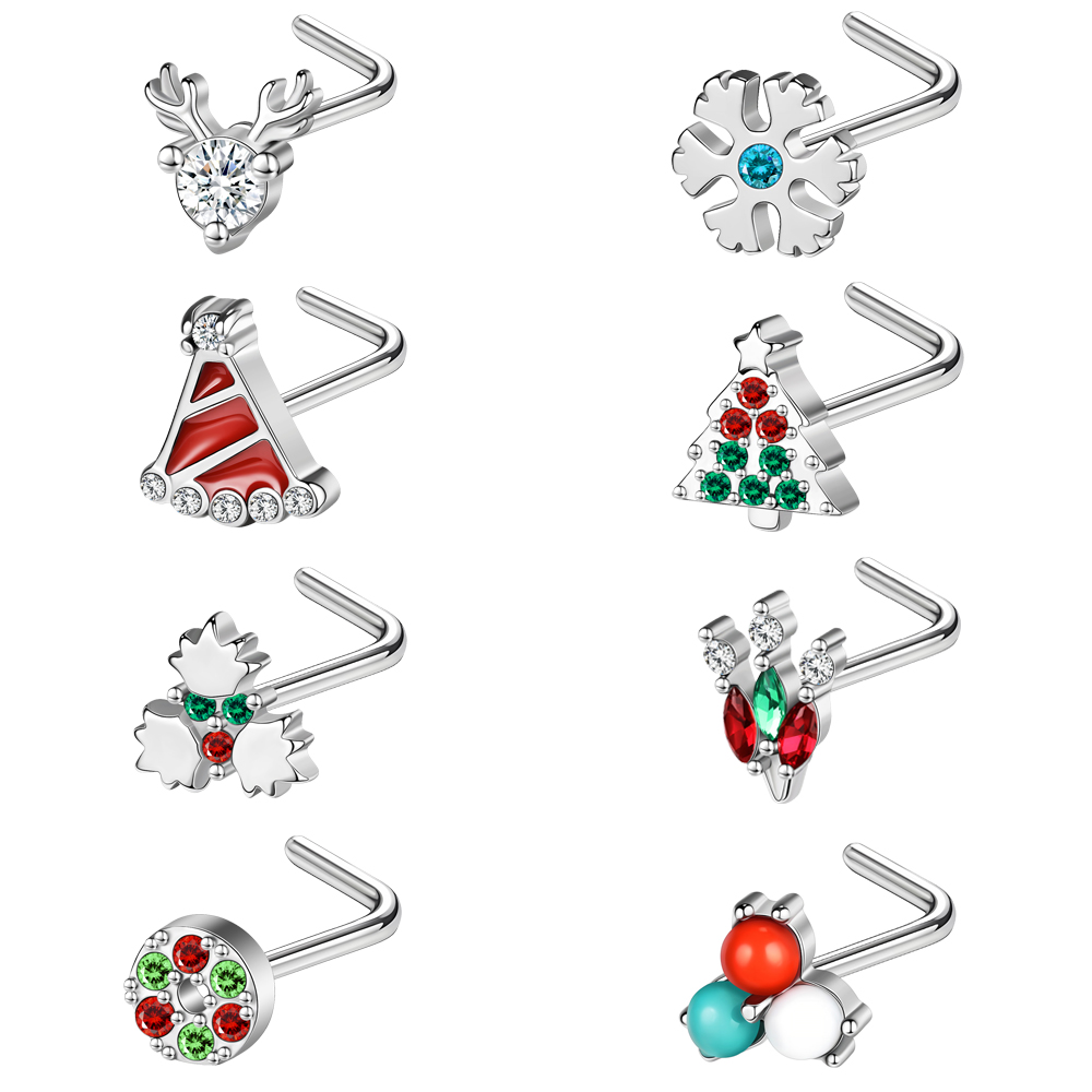 8Pcs Stainless Steel Christmas Nose Studs L/S Shape CZ Nostril Piercing Jewelry