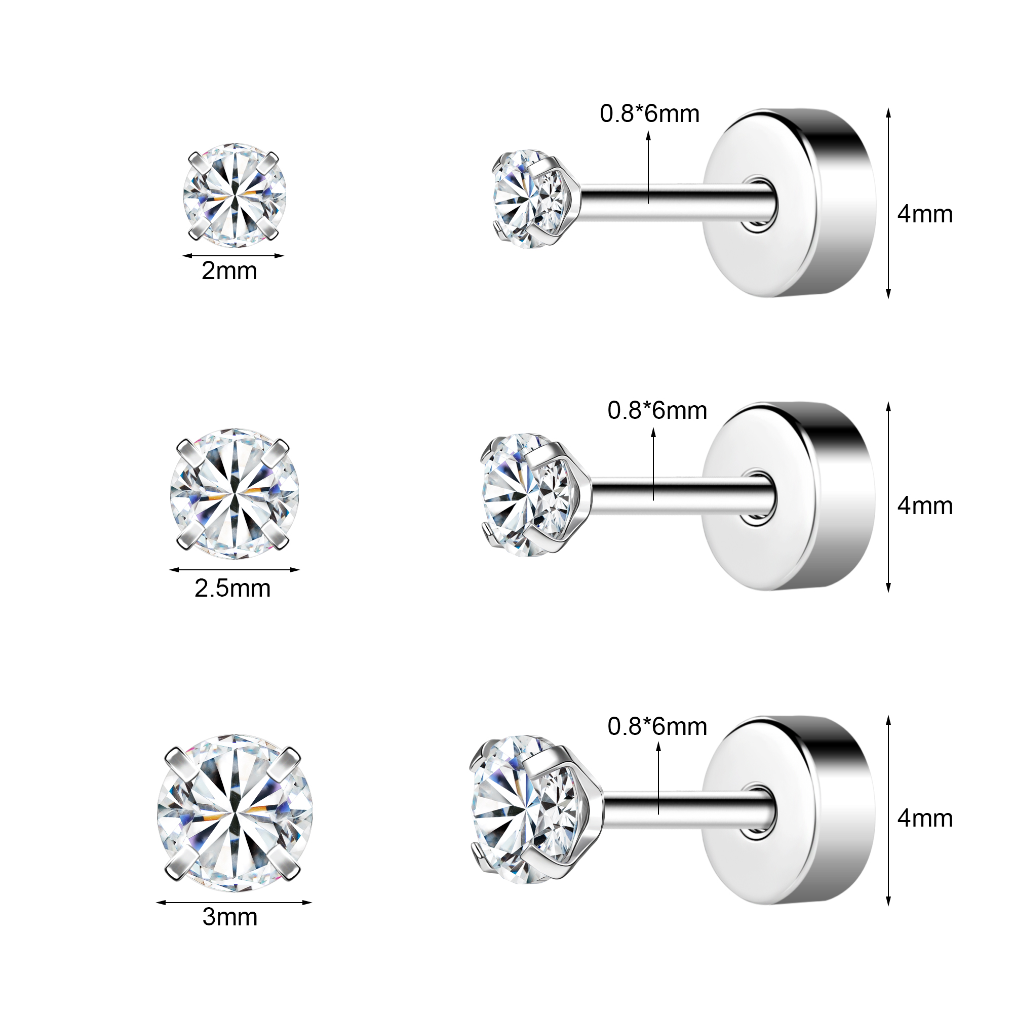 3 Pairs/lot 20g Stainless Steel Stud Earring CZ Cartilage Helix Piercing Jewelry - Picture 27 of 34