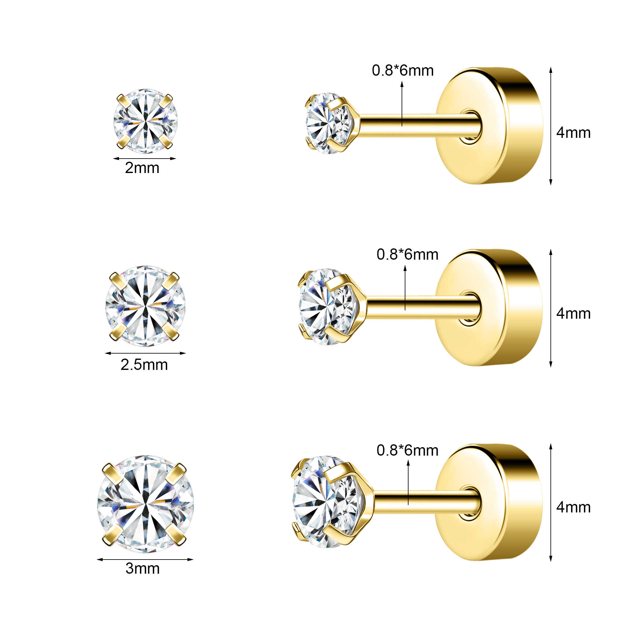 3 Pairs/lot 20g Stainless Steel Stud Earring CZ Cartilage Helix Piercing Jewelry - Picture 28 of 34