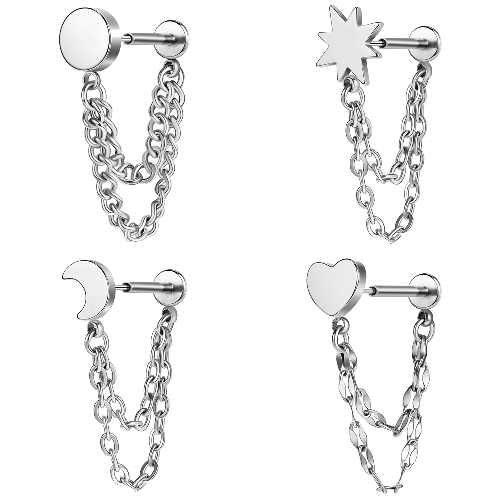 4Pcs/lot 18g Stainless Steel Stud Earrings with Chain Cartilage Earrings Jewelry - Picture 25 of 26