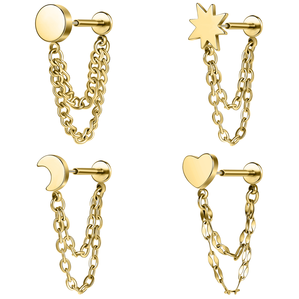 4Pcs/lot 18g Stainless Steel Stud Earrings with Chain Cartilage Earrings Jewelry - Picture 26 of 26