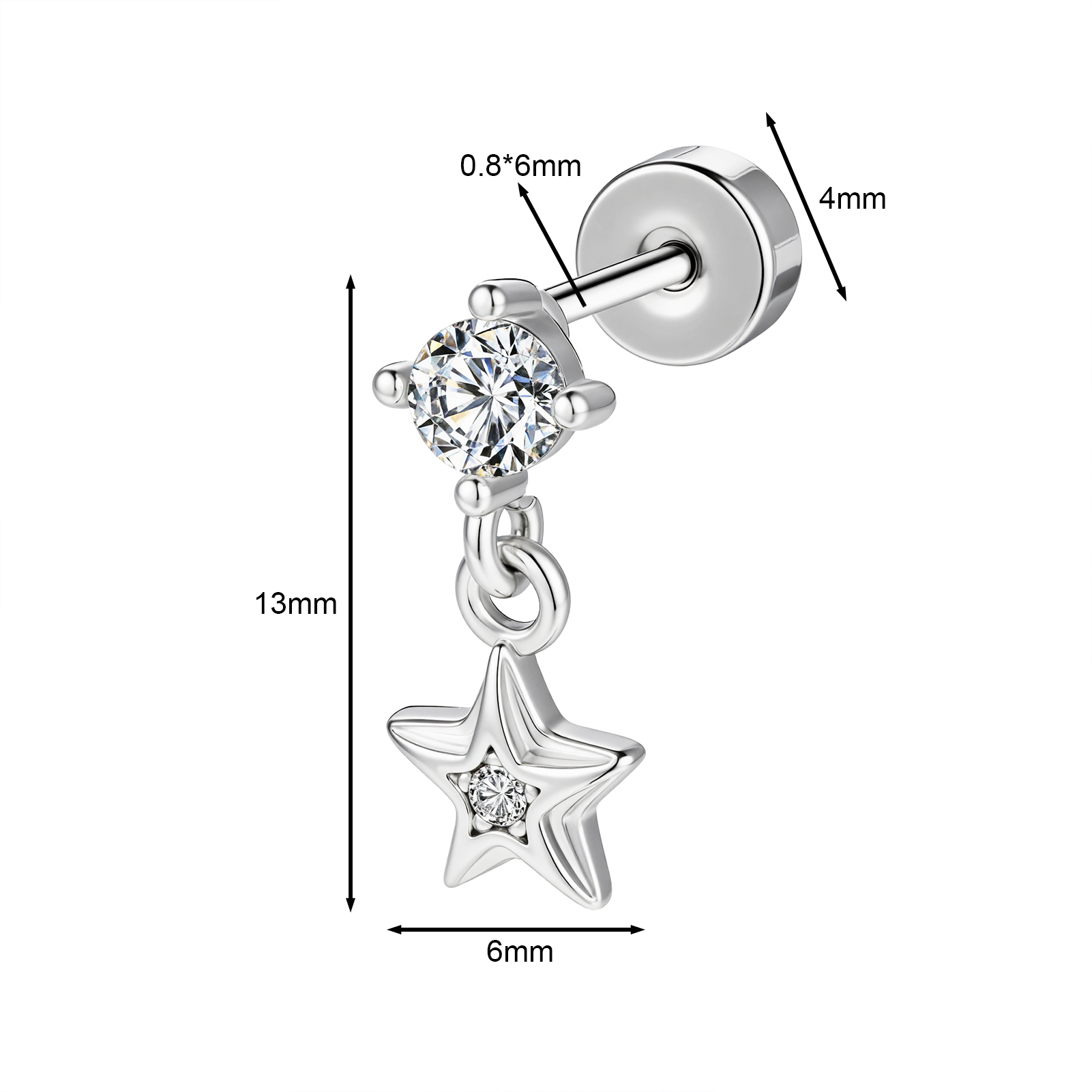 1 Pair 20G Stainless Steel Stud Earrings CZ Ear Helix Conch Cartilage Piercing