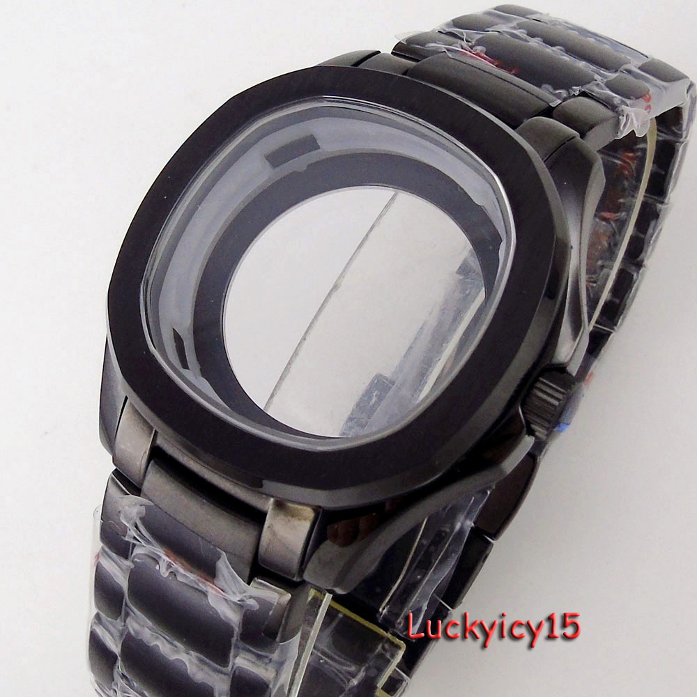 40mm Square Silver Black PVD Mens Watch Case Fit NH35A NH36A NH34A Automatic Mov