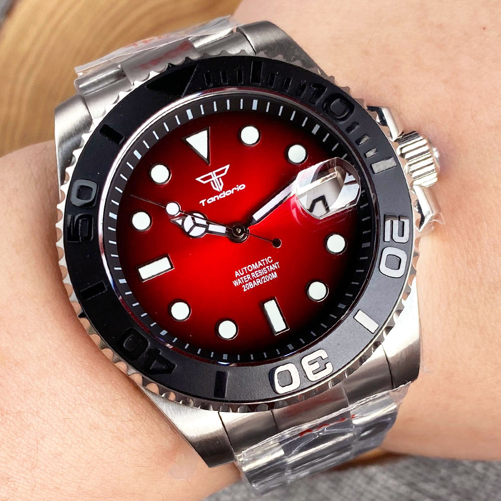 Tandorio 40mm Red Dial NH35 Movement Men's Watch Black Red Ceramic Circle - Picture 10 of 13
