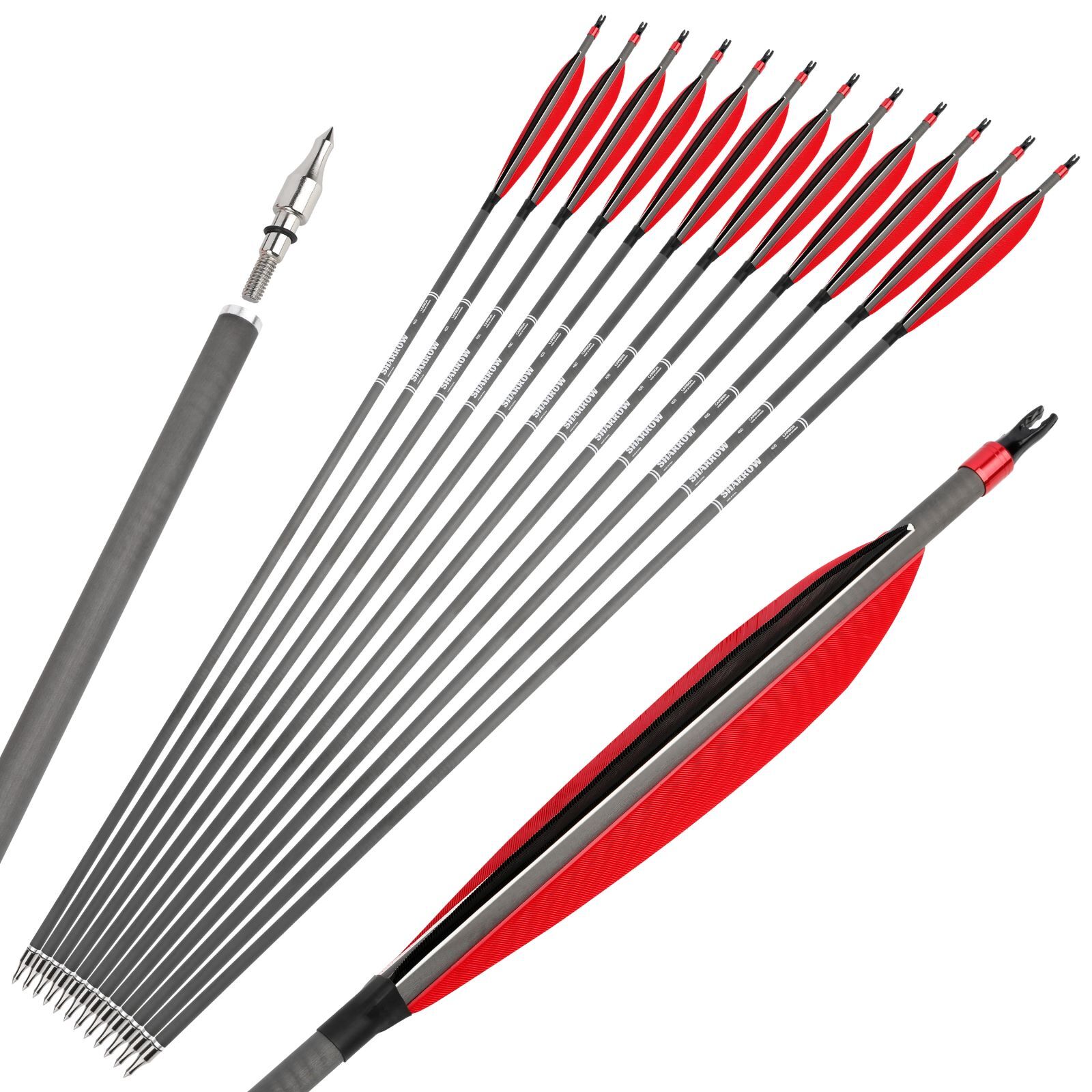 30" Archery Carbon Arrow 6" Feather SP400 Tips Recurve Bow CompoundBow Hunting - Picture 11 of 16