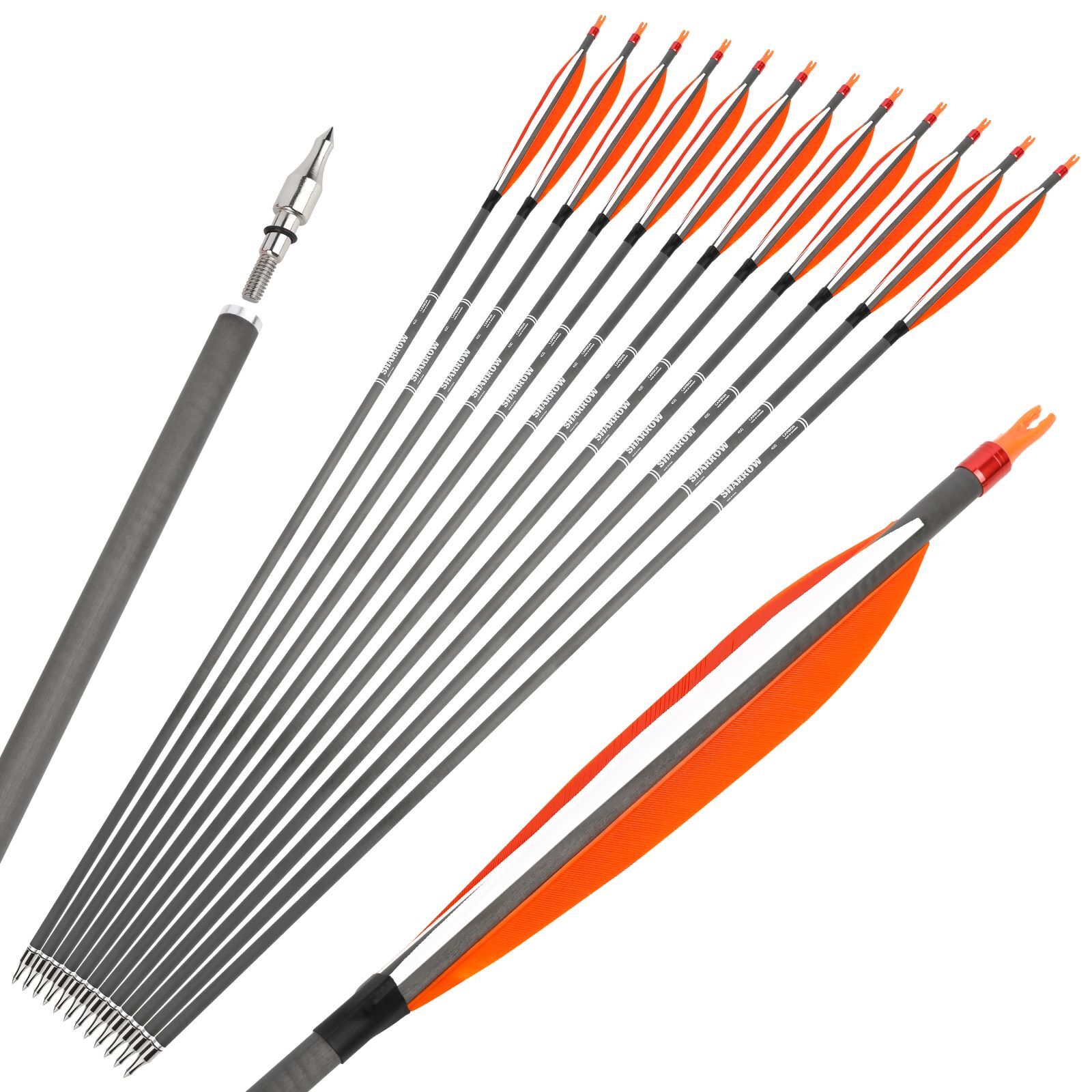 30" Archery Carbon Arrow 6" Feather SP400 Tips Recurve Bow CompoundBow Hunting - Picture 11 of 15