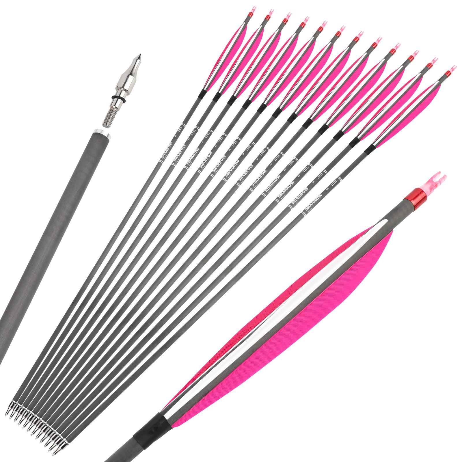 30" Archery Carbon Arrow 6" Feather SP400 Tips Recurve Bow CompoundBow Hunting - Picture 12 of 15