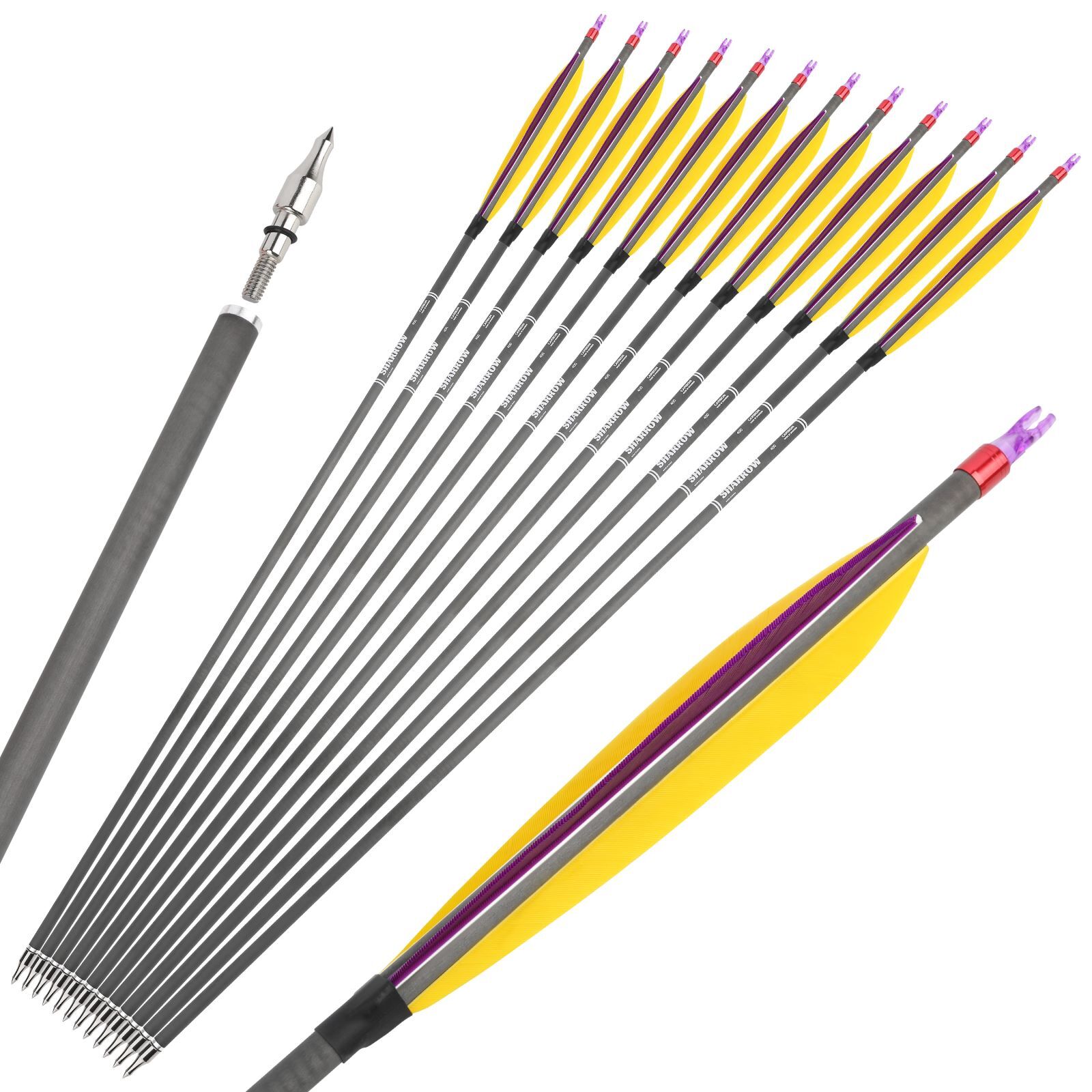 30" Archery Carbon Arrow 6" Feather SP400 Tips Recurve Bow CompoundBow Hunting - Picture 13 of 15