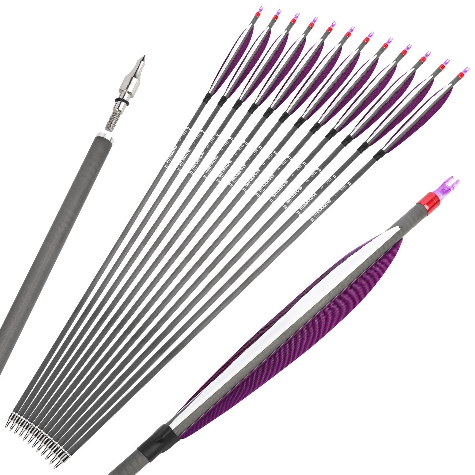 30" Archery Carbon Arrow 6" Feather SP400 Tips Recurve Bow CompoundBow Hunting - Picture 14 of 15