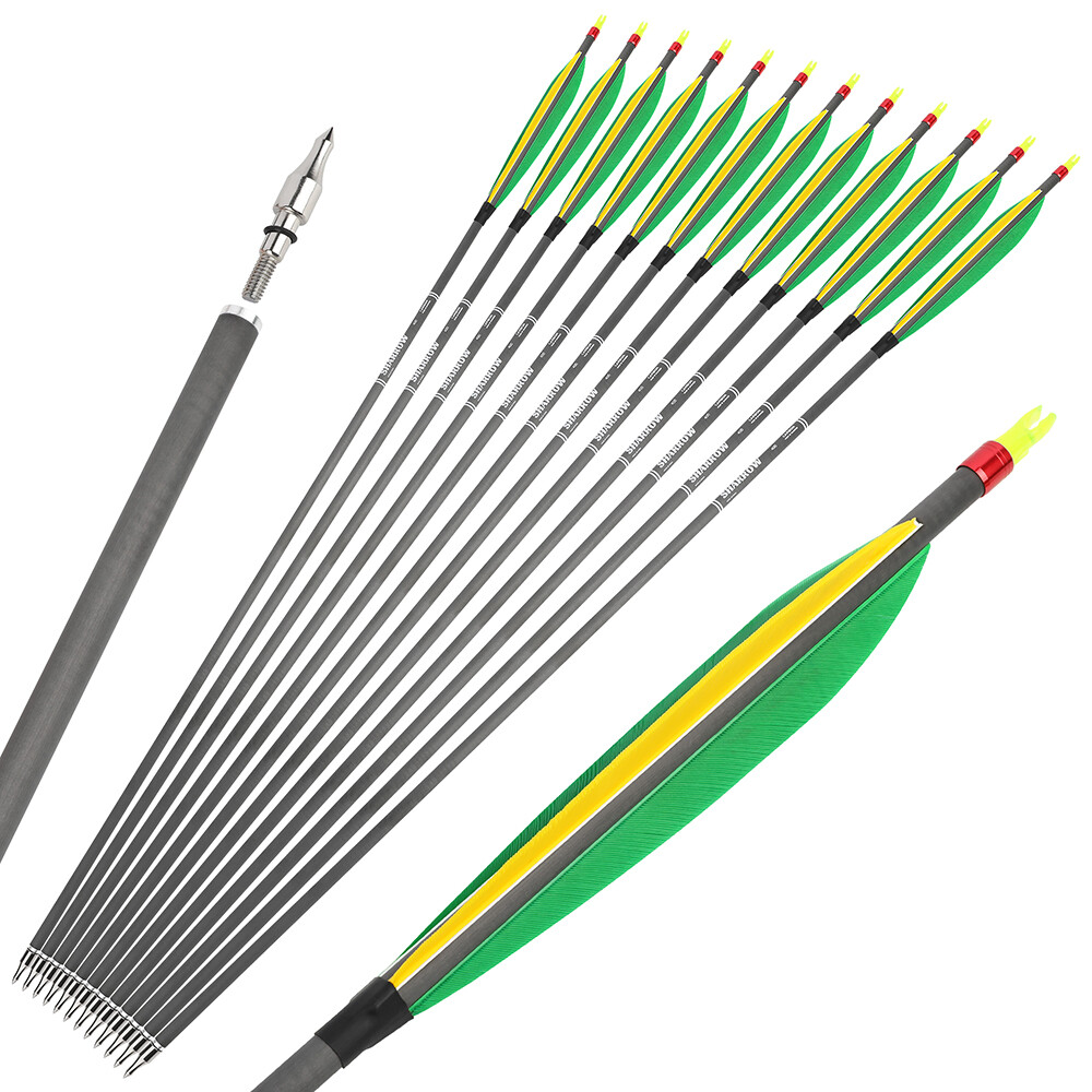 30" Archery Carbon Arrow 6" Feather SP400 Tips Recurve Bow CompoundBow Hunting - Picture 15 of 15