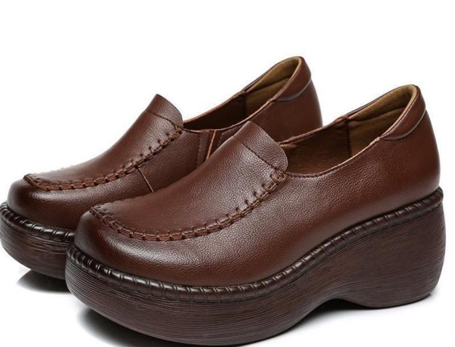 Women's Mid Heel Platform Wedge Creeper Leather Comfort Mom Shoes Comfort Casual