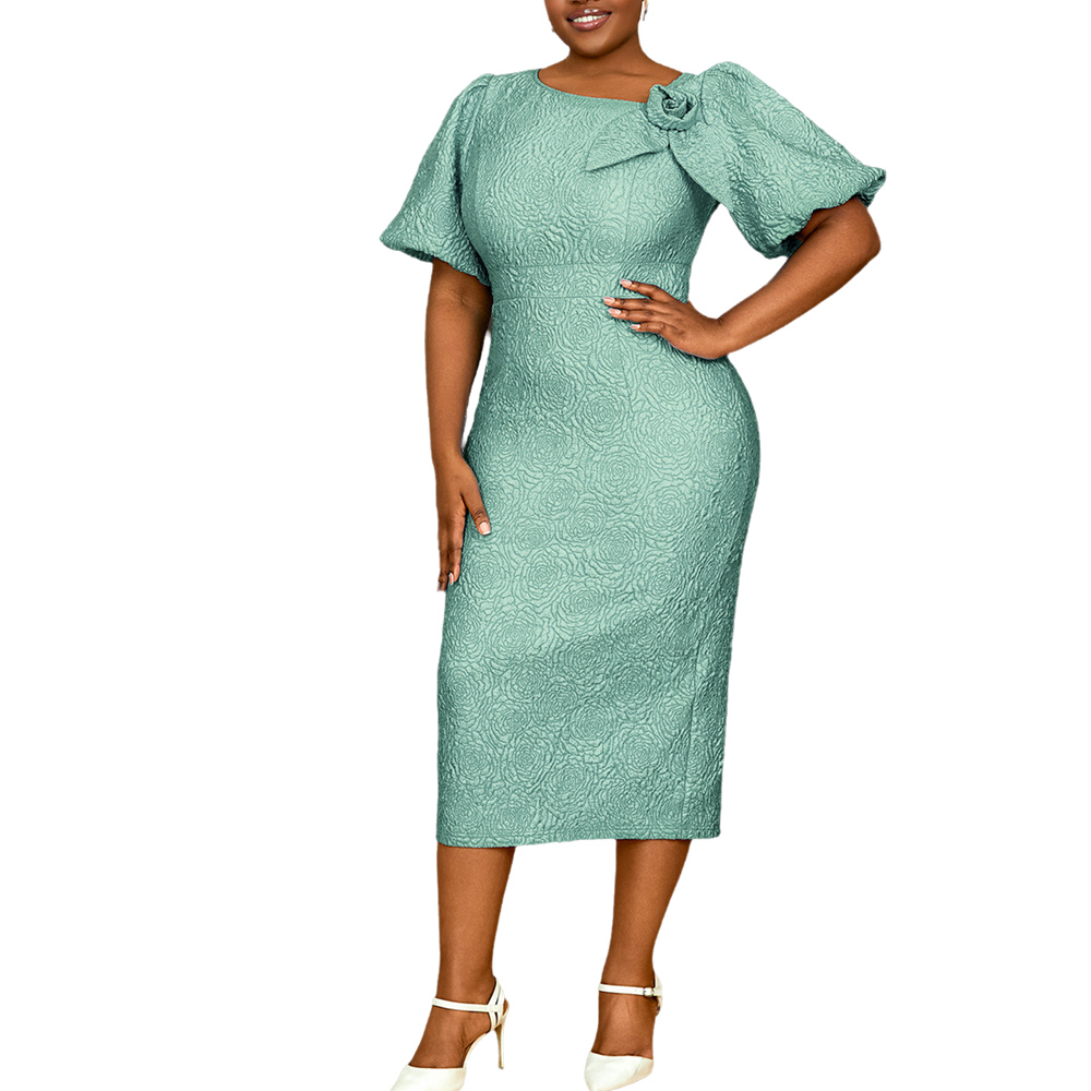 AOMEI Women's Floral Jacquard Bodycon Dress Puff Sleeve Cocktail Party Dresses - Picture 14 of 15