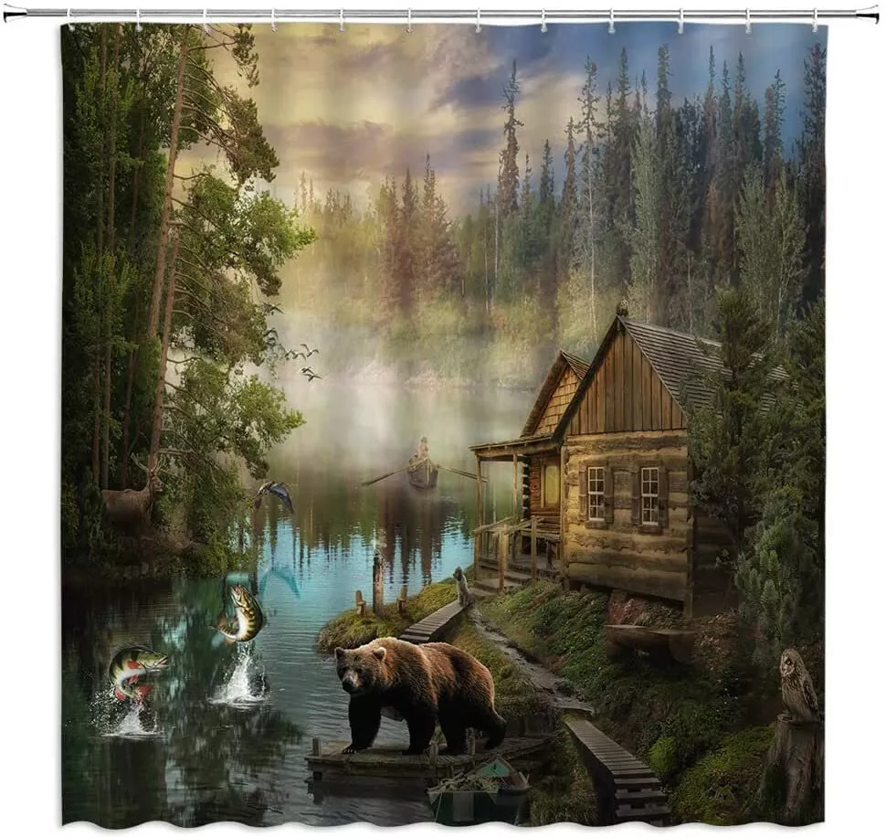 Animal Bathroom Shower Curtain Western Vintage Rustic Decoration with Hooks - Picture 25 of 26