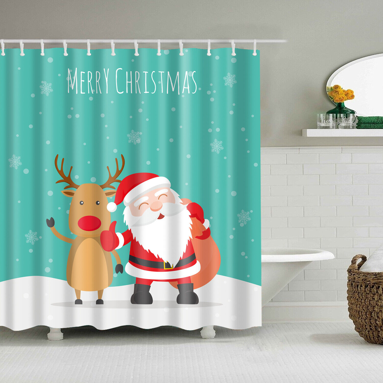 Weihnachten Stoff Duschvorhang Santa Elch Badezimmer Wasserdicht Dekoration 72 Zoll - Bild 17 von 19