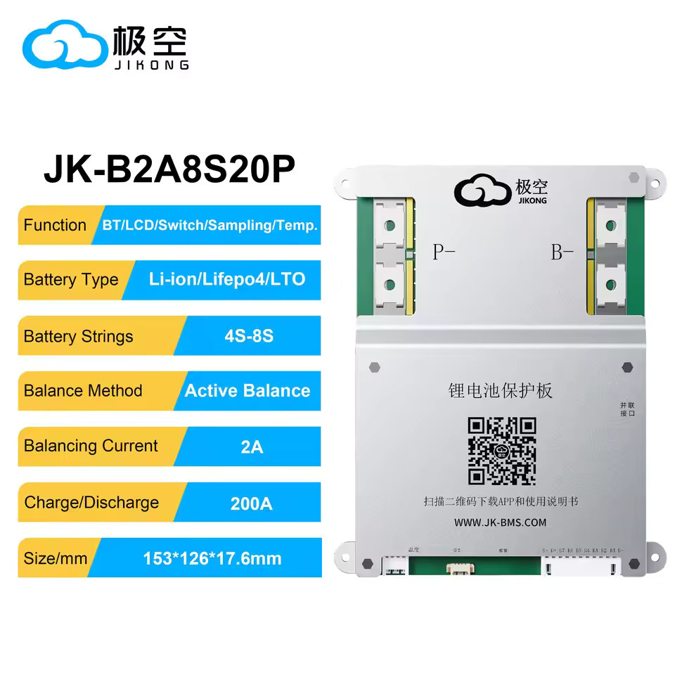 JK Smart BMS 4S-8S 200A Active Balance 2A BMS LiFePo4 Li-ion Battery BMS BT HRC