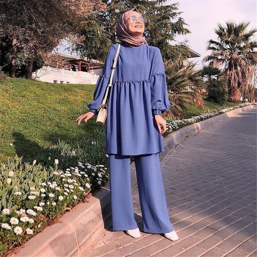 Dubai Women Muslim Sets Blouse Top Pants Islamic Kaftan Robe