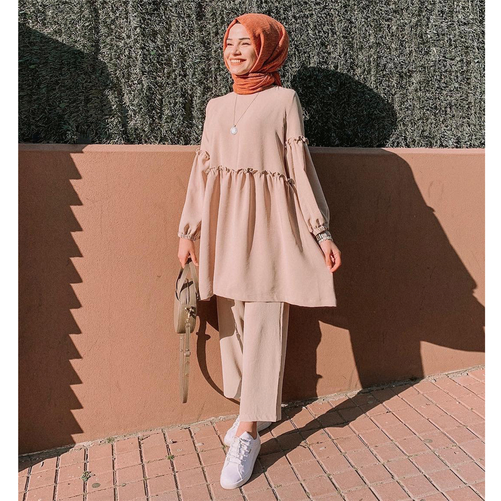 Women Muslim Dubai Long Sleeve Blouse Tops Pants Abaya Outfits