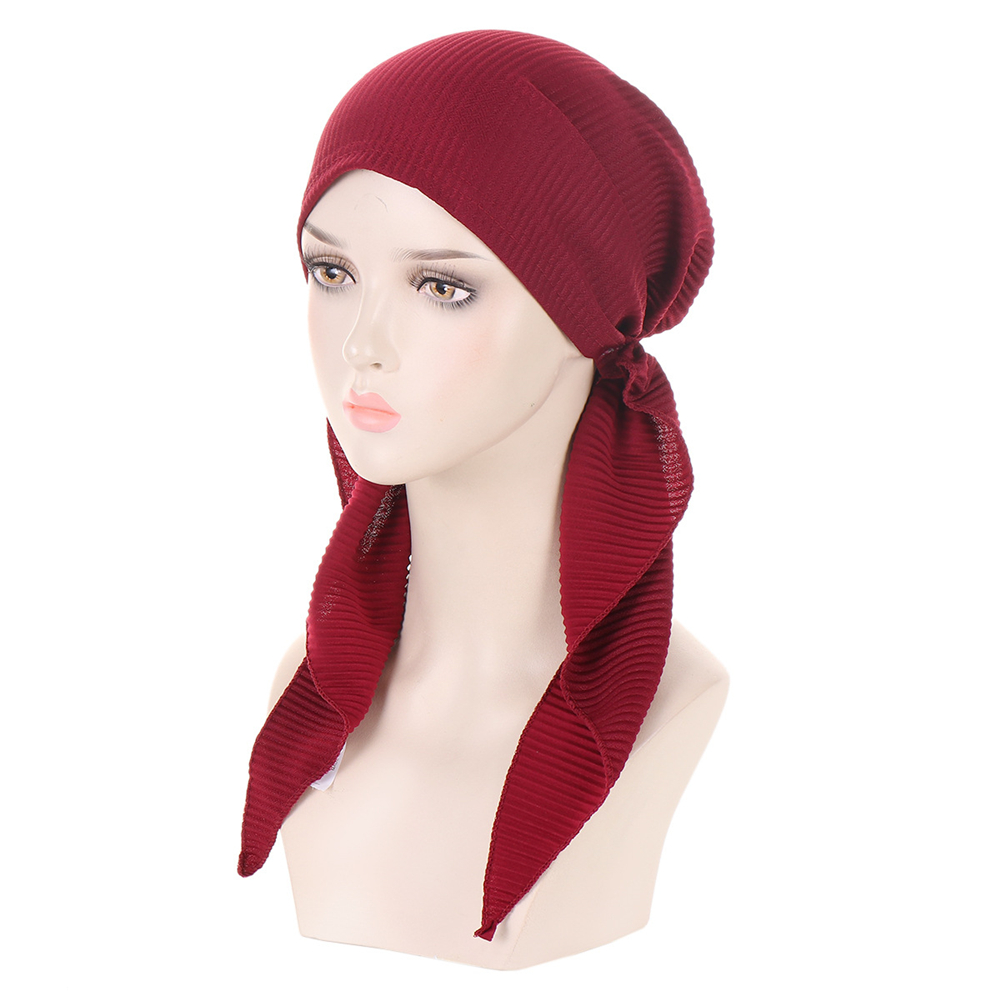 Ladies Pre-Tied Women Hijab Hat Muslim Long Tail Wrap Headscarf Bonnet Chemo Cap - Picture 33 of 44