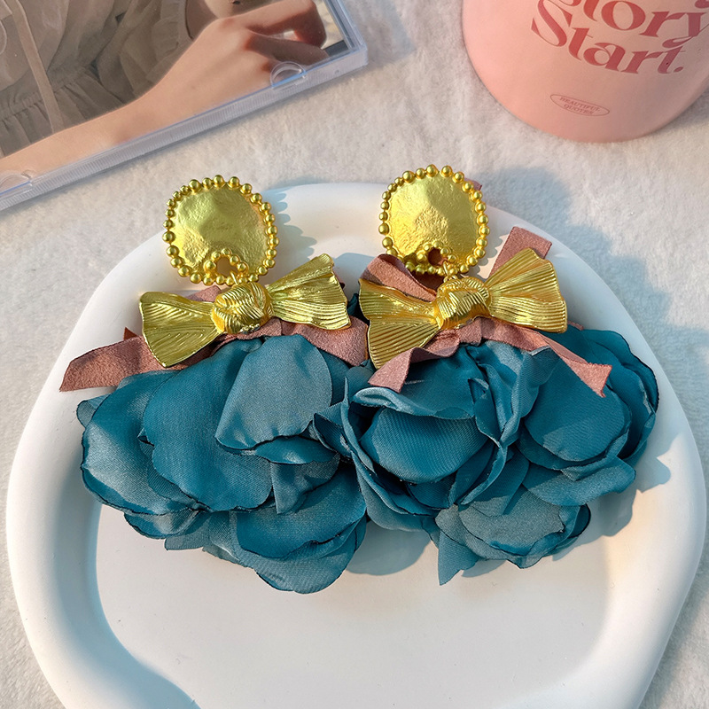 Bohemian Handmade Fabric Bow Rose Flower Long Big Earrings Exaggerated Earrings - Picture 18 of 26