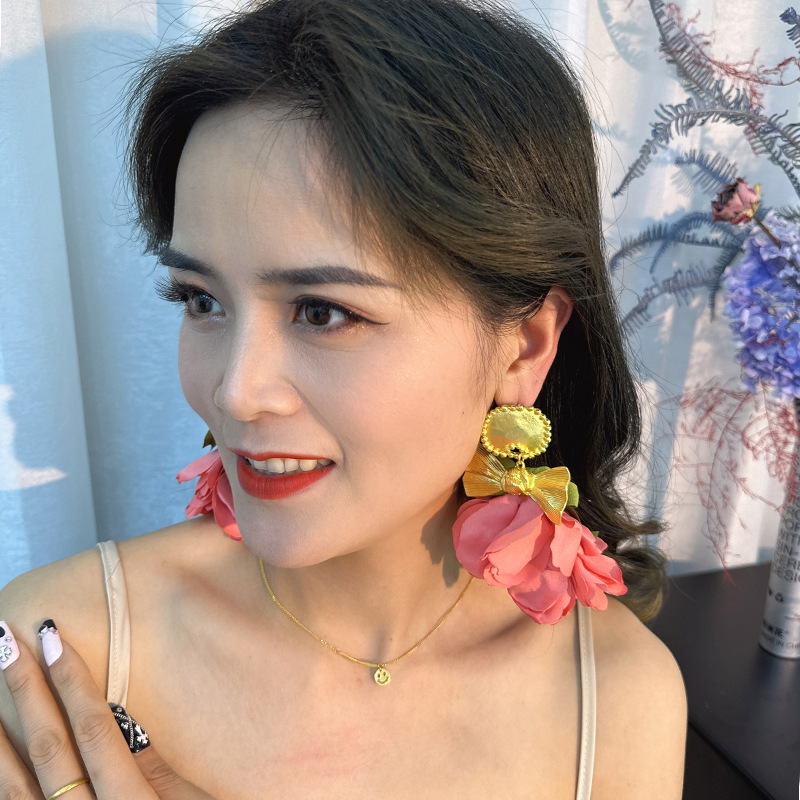 Bohemian Handmade Fabric Bow Rose Flower Long Big Earrings Exaggerated Earrings - Picture 20 of 26