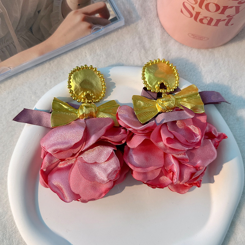 Bohemian Handmade Fabric Bow Rose Flower Long Big Earrings Exaggerated Earrings - Picture 19 of 26