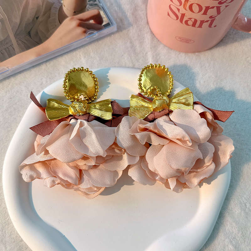Bohemian Handmade Fabric Bow Rose Flower Long Big Earrings Exaggerated Earrings - Picture 26 of 26