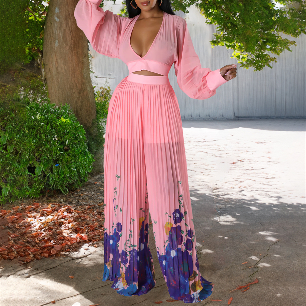African Deep V-Neck Long Sleeve Crop Tops Wide Leg Pants 2 Piece Dashiki Outfits - Picture 26 of 33