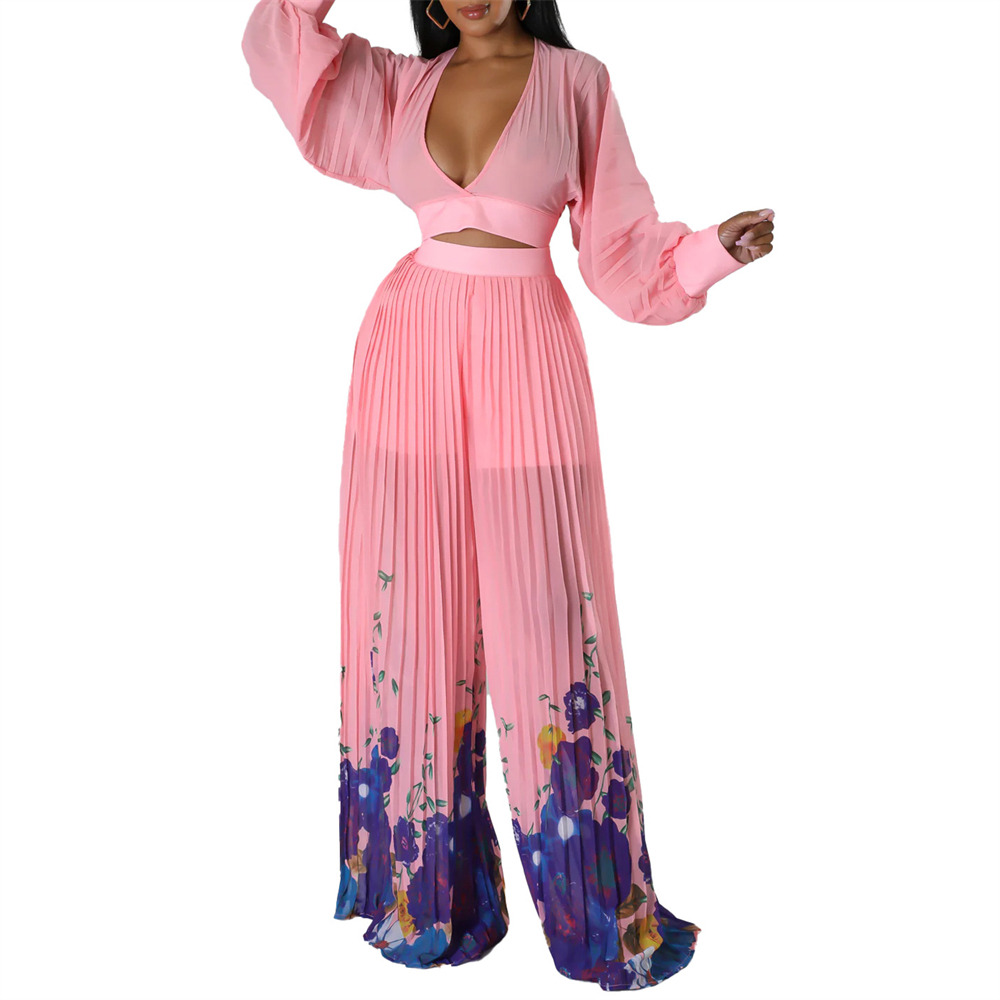 African Deep V-Neck Long Sleeve Crop Tops Wide Leg Pants 2 Piece Dashiki Outfits - Picture 29 of 33