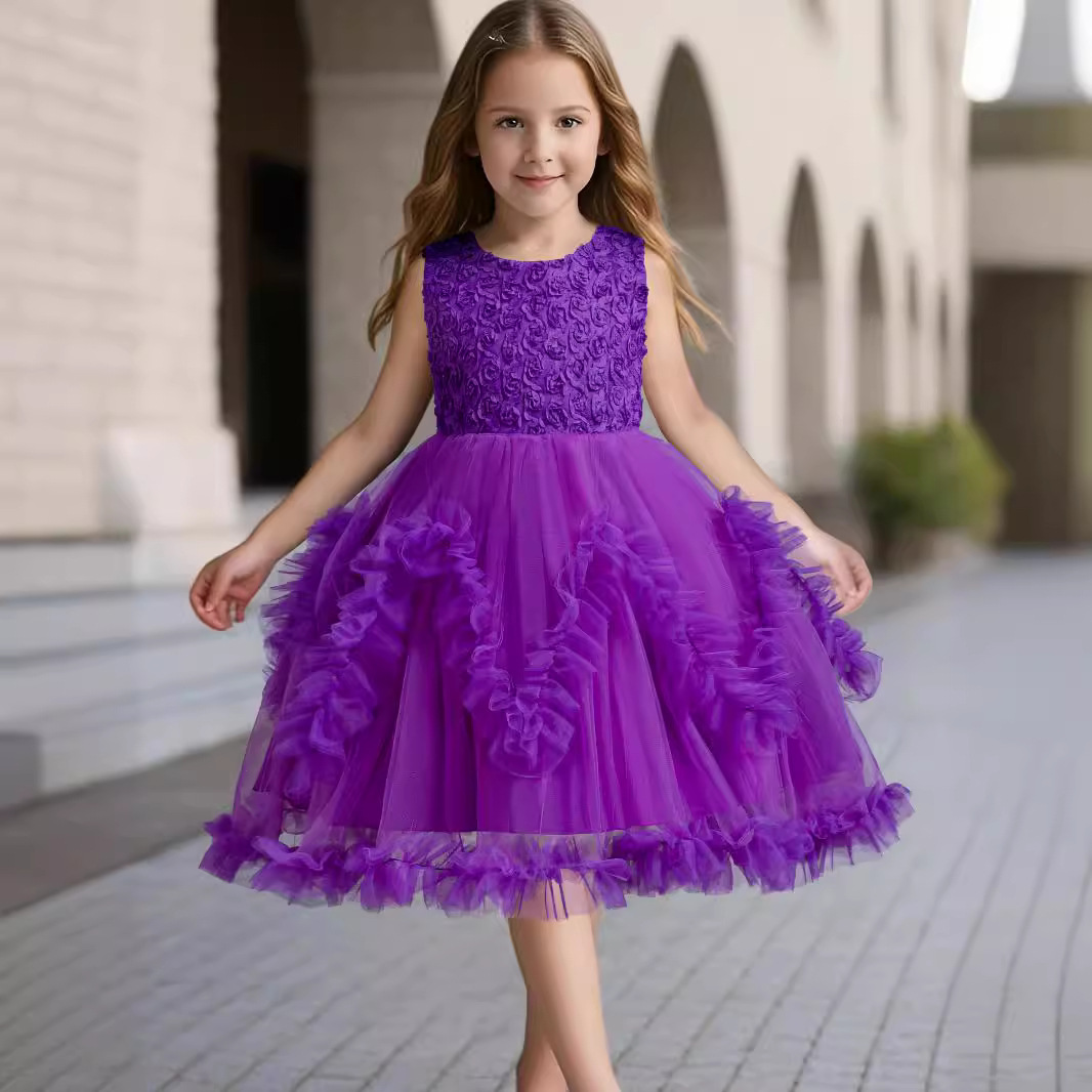 Kids Princess Flower Girls Puffy Lace Mesh Tutu Dress Birthday Wedding Ball Gown - Picture 25 of 54