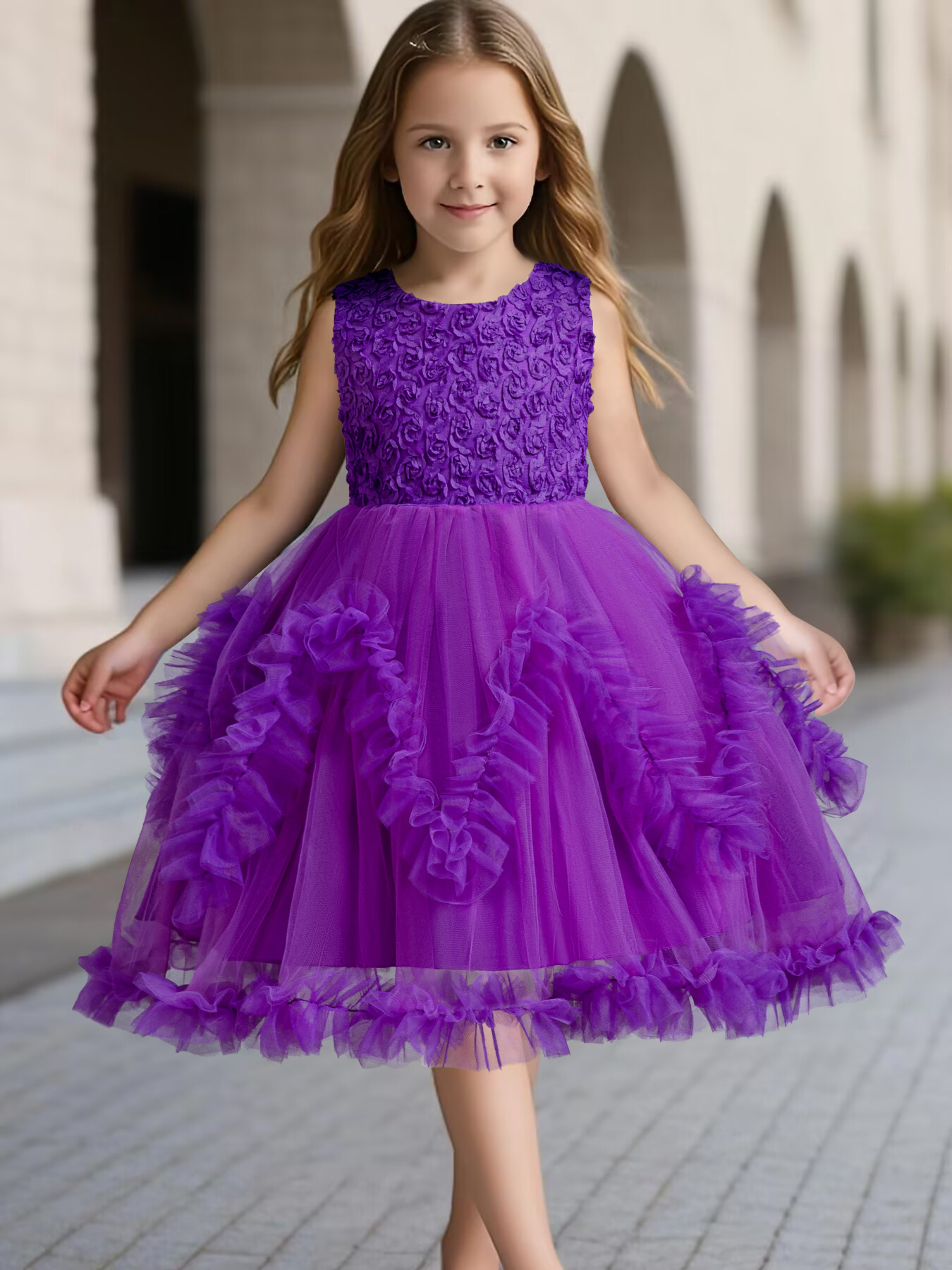 Kids Princess Flower Girls Puffy Lace Mesh Tutu Dress Birthday Wedding Ball Gown - Picture 30 of 54