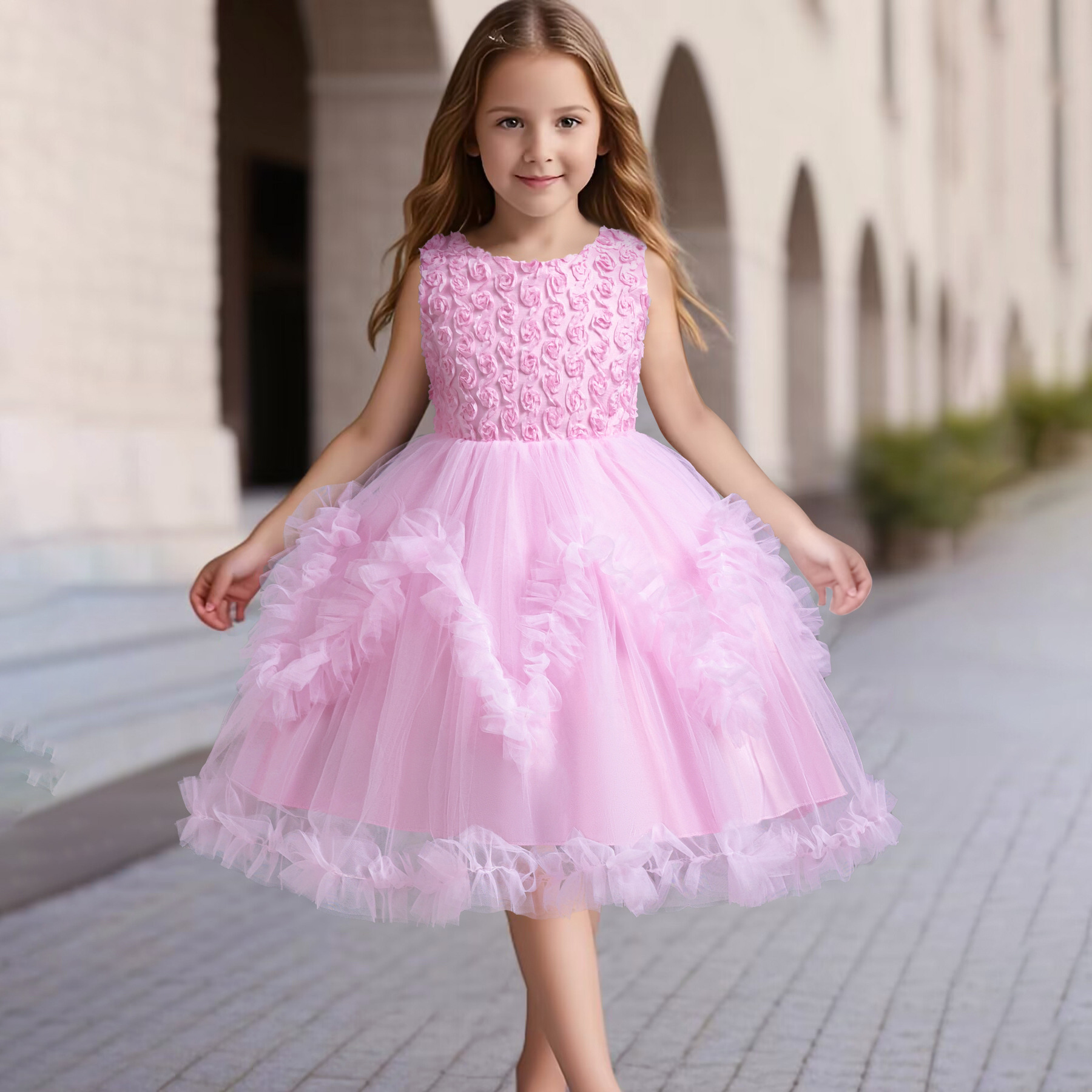 Kids Princess Flower Girls Puffy Lace Mesh Tutu Dress Birthday Wedding Ball Gown - Picture 32 of 54