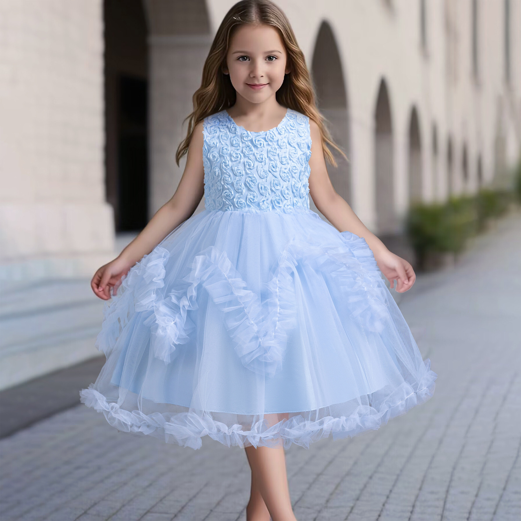 Kids Princess Flower Girls Puffy Lace Mesh Tutu Dress Birthday Wedding Ball Gown - Picture 38 of 54