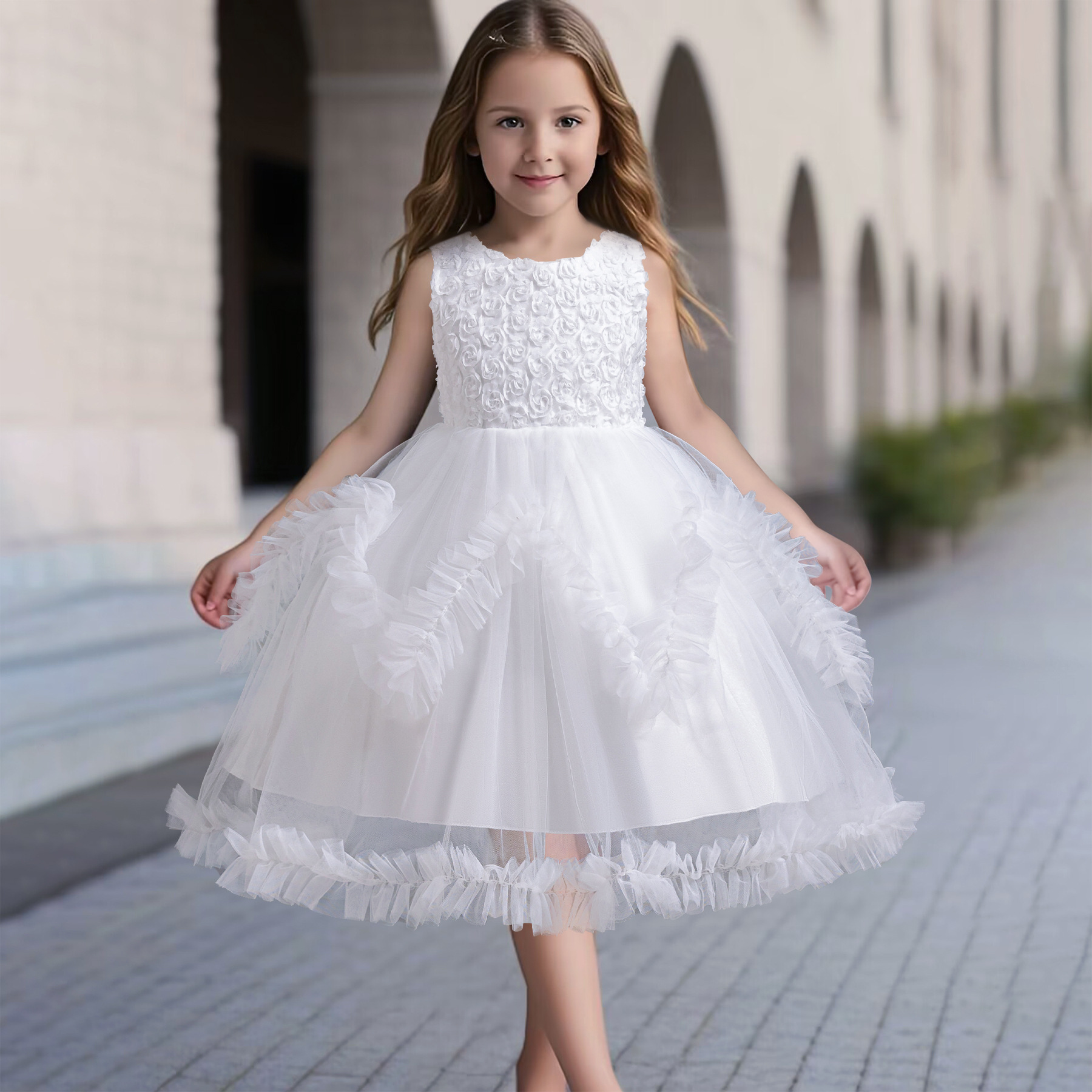 Kids Princess Flower Girls Puffy Lace Mesh Tutu Dress Birthday Wedding Ball Gown - Picture 44 of 54