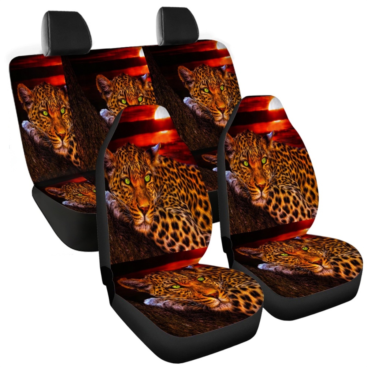 Full Set of Leopard Print Car Elastic Seat Covers Front and Rear Interior Floral - Picture 30 of 50