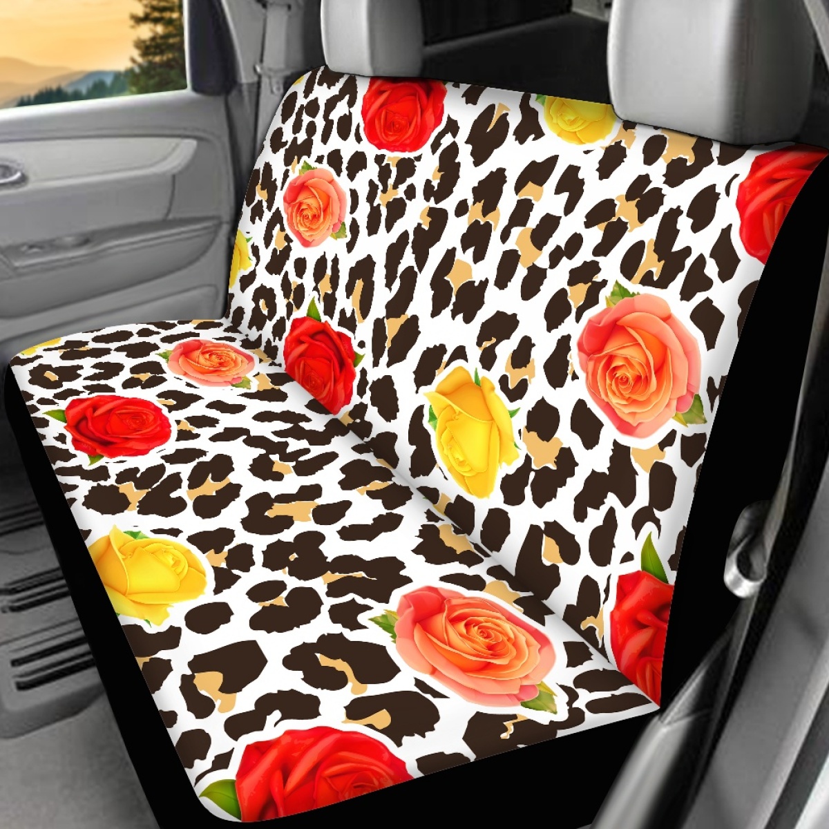 Full Set of Leopard Print Car Elastic Seat Covers Front and Rear Interior Floral - Picture 37 of 50