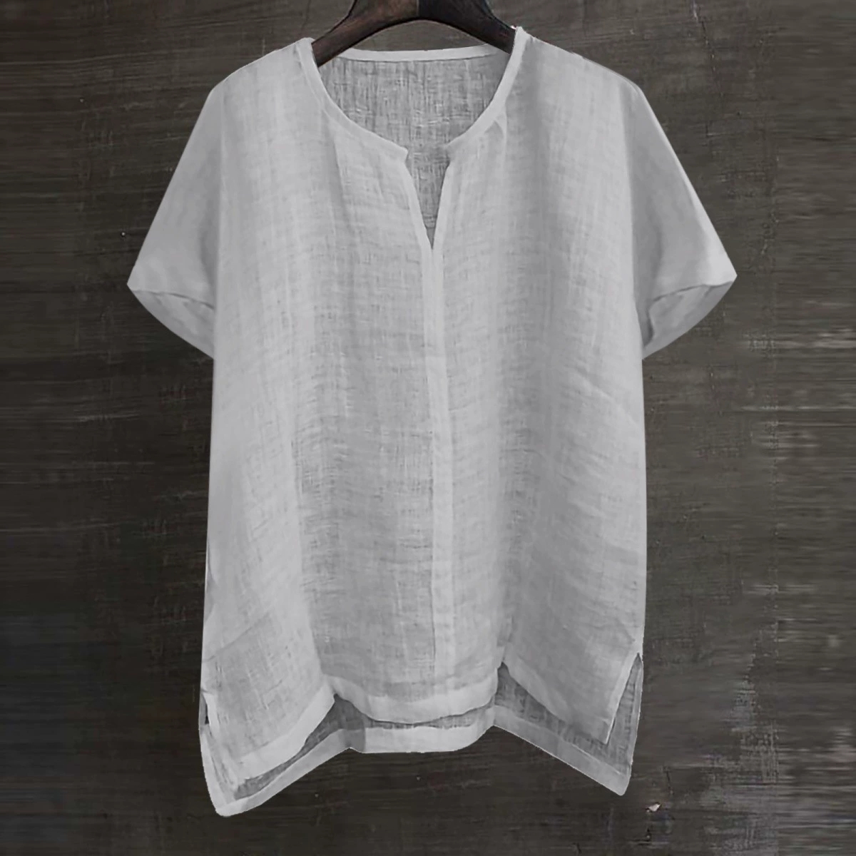 Men's Cotton Linen Breathable Shirt V Neck Long Sleeve Casual Loose Top Summer - Picture 13 of 13