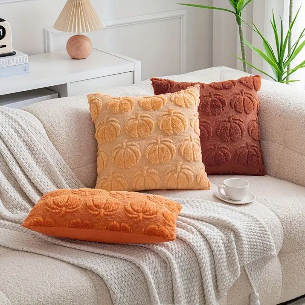 Set of 2 Fall Pillow Covers 20x20 - Soft Plush Faux Fur Pumpkin Decorative Cases - Picture 59 of 61