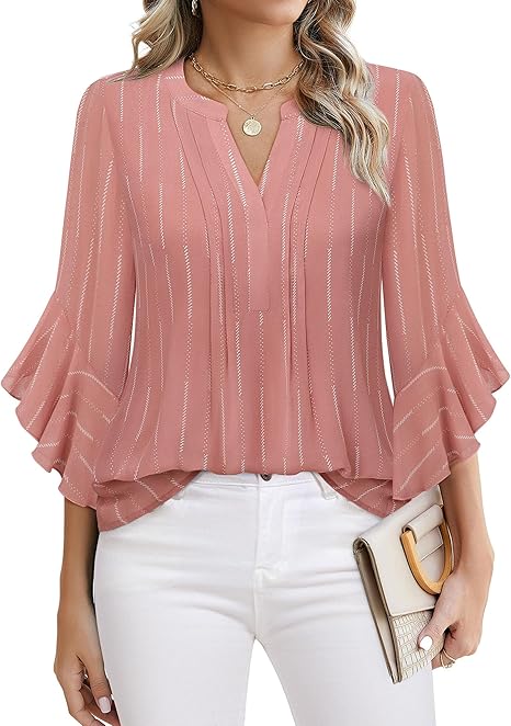 Womens 3/4 Sleeve Tops Dressy Casual Business Work Blouses Chiffon Office Shirts - Picture 27 of 30