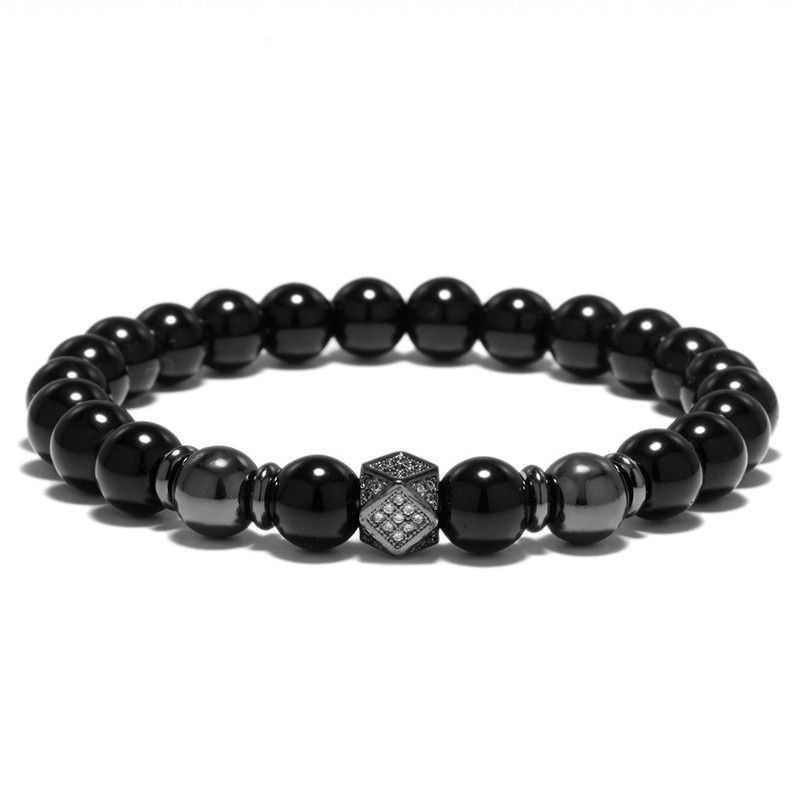 Black Obsidian Stone Beaded Bracelets Zirconia Beads Gothic Punk Men's Bangles