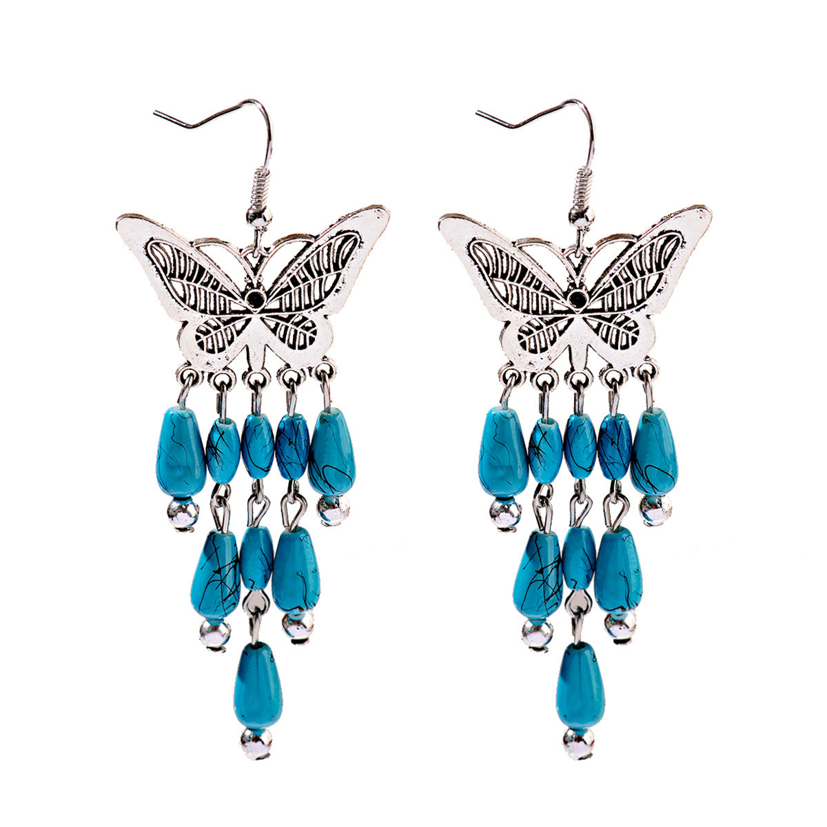 Butterfly Turquoise Beaded Tassel Drop Earrings for Women Vintage Silver Jewelry - Picture 11 of 15