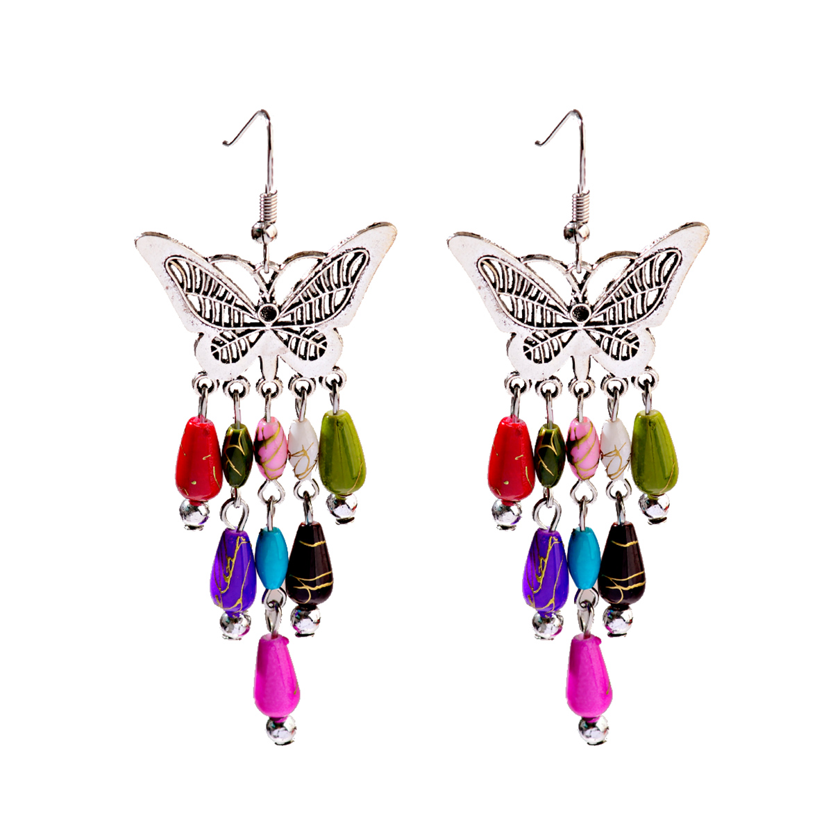 Butterfly Turquoise Beaded Tassel Drop Earrings for Women Vintage Silver Jewelry - Picture 12 of 15