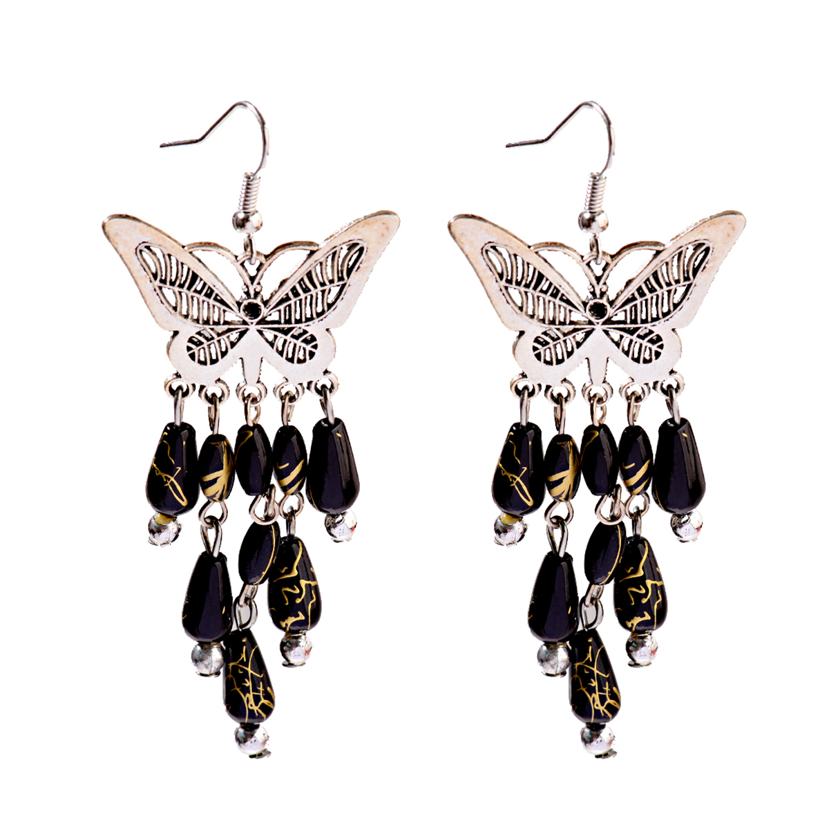 Butterfly Turquoise Beaded Tassel Drop Earrings for Women Vintage Silver Jewelry - Picture 13 of 15