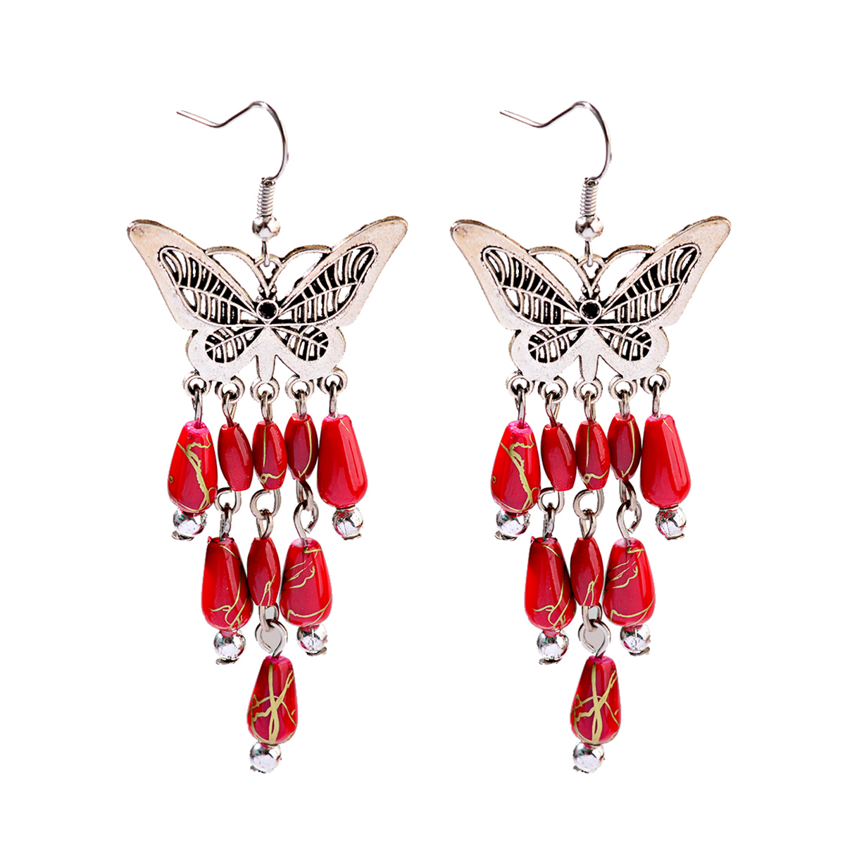 Butterfly Turquoise Beaded Tassel Drop Earrings for Women Vintage Silver Jewelry - Picture 14 of 15