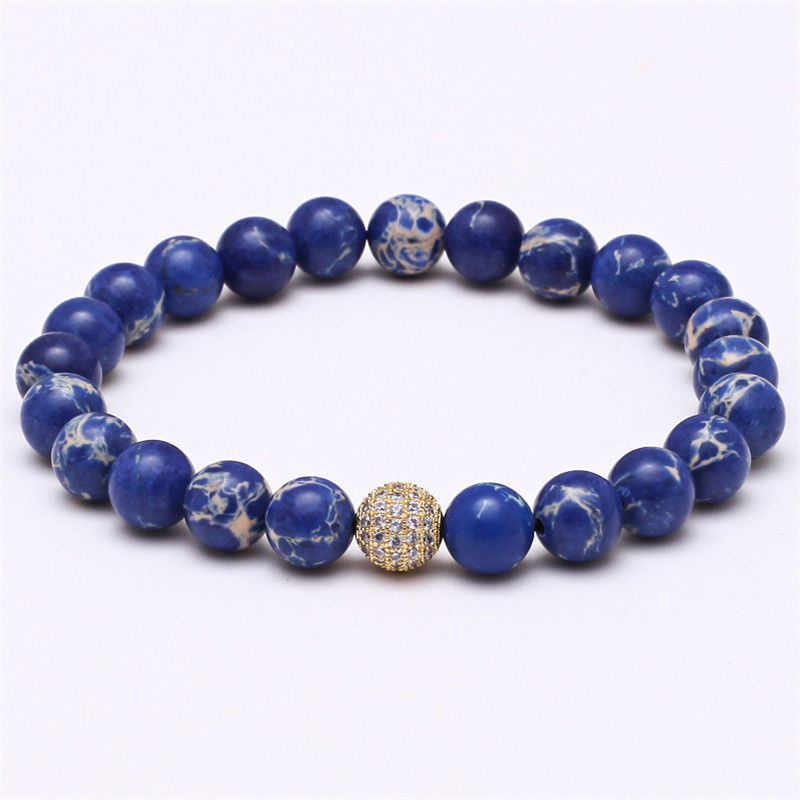 Pulseras elásticas con cuentas de piedra azul de 8 mm pulsera hecha a mano de moda para hombres mujeres - Imagen 6 de 10
