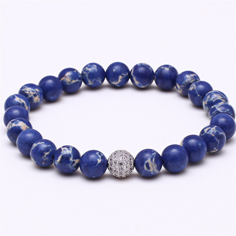 Pulseras elásticas con cuentas de piedra azul de 8 mm pulsera hecha a mano de moda para hombres mujeres - Imagen 7 de 10